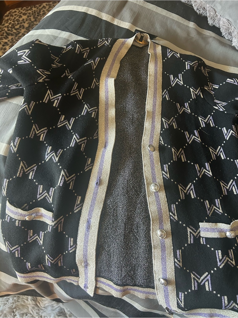 Maje Black Cardigan with Silver Metallic Trim and Lavender Stripe varsity small